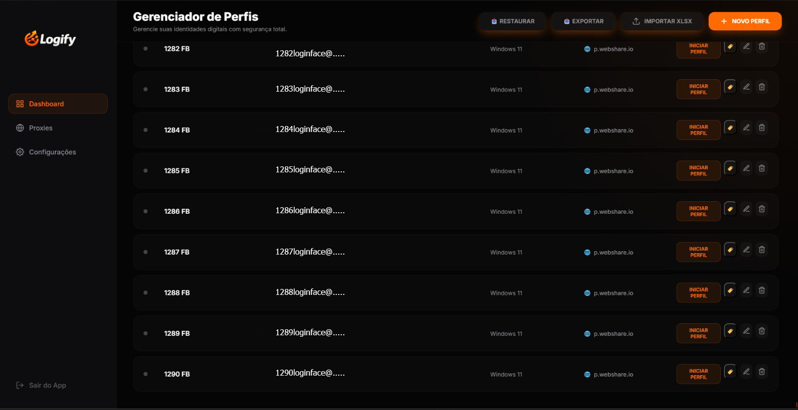 Painel do Logfy mostrando gerenciamento de múltiplos perfis